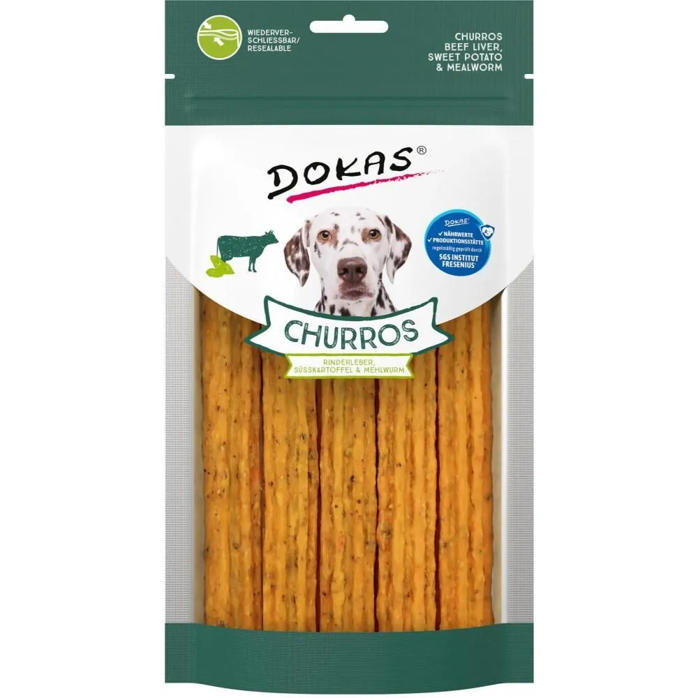Dokas Churros med Okse og Melorme 150 g - sprøde hundesnacks